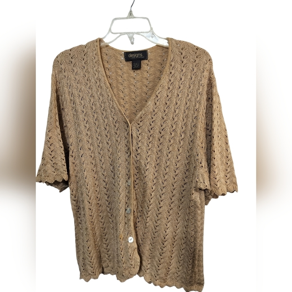 3039)Designs Lane Bryant Tan Short Sleeve Button Down Knit Crochet Sweater 22/24